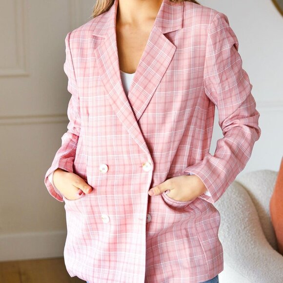 New -Pink Plaid Double Breasted Collar Lapel Blazer - Picture 9 of 14